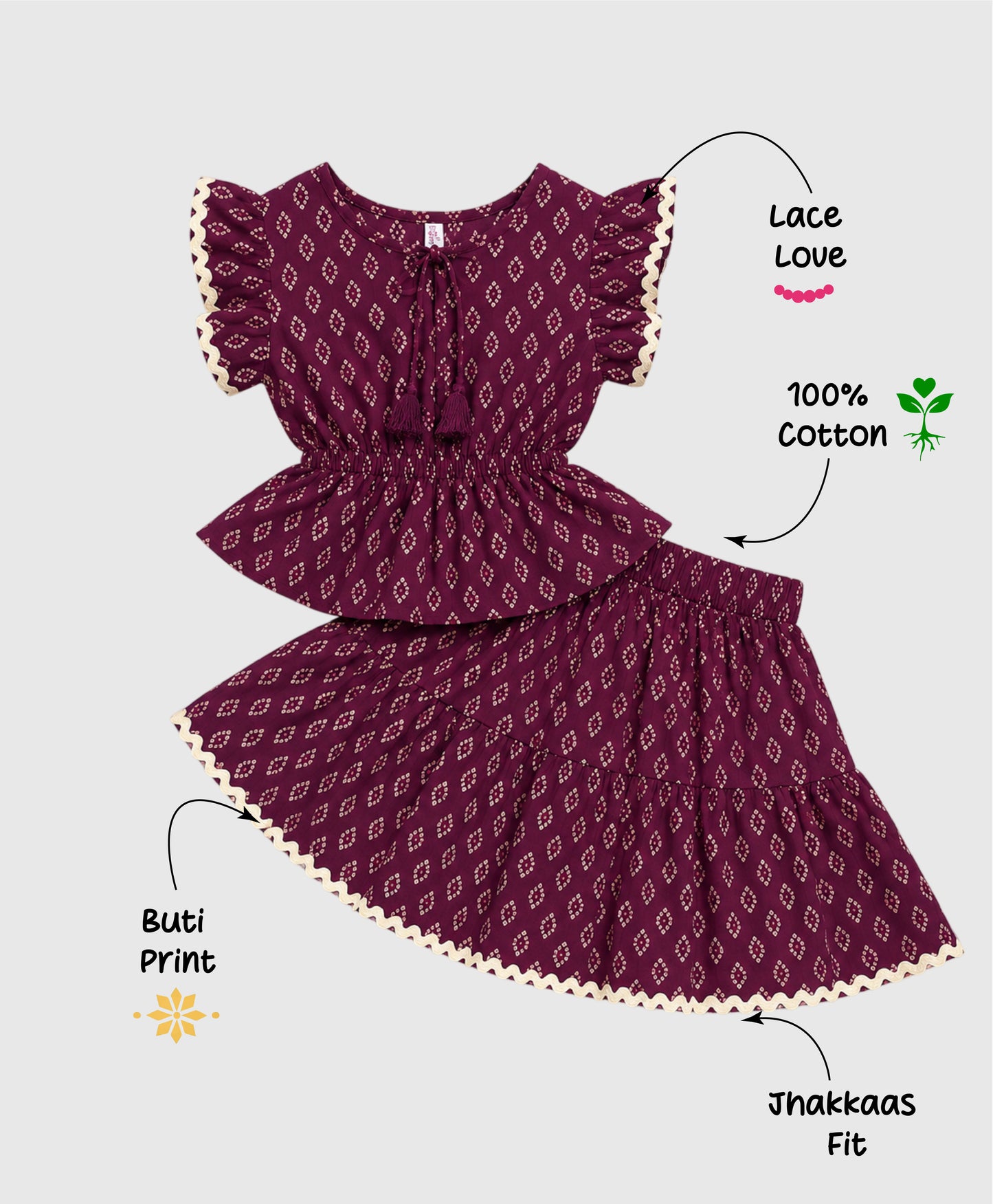 The Magic Wand Cotton Woven Ruffle Sleeves Buti Printed Laced Peplum Top And Skirt Set - Wine