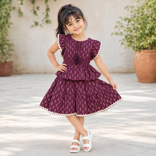 The Magic Wand Cotton Woven Ruffle Sleeves Buti Printed Laced Peplum Top And Skirt Set - Wine