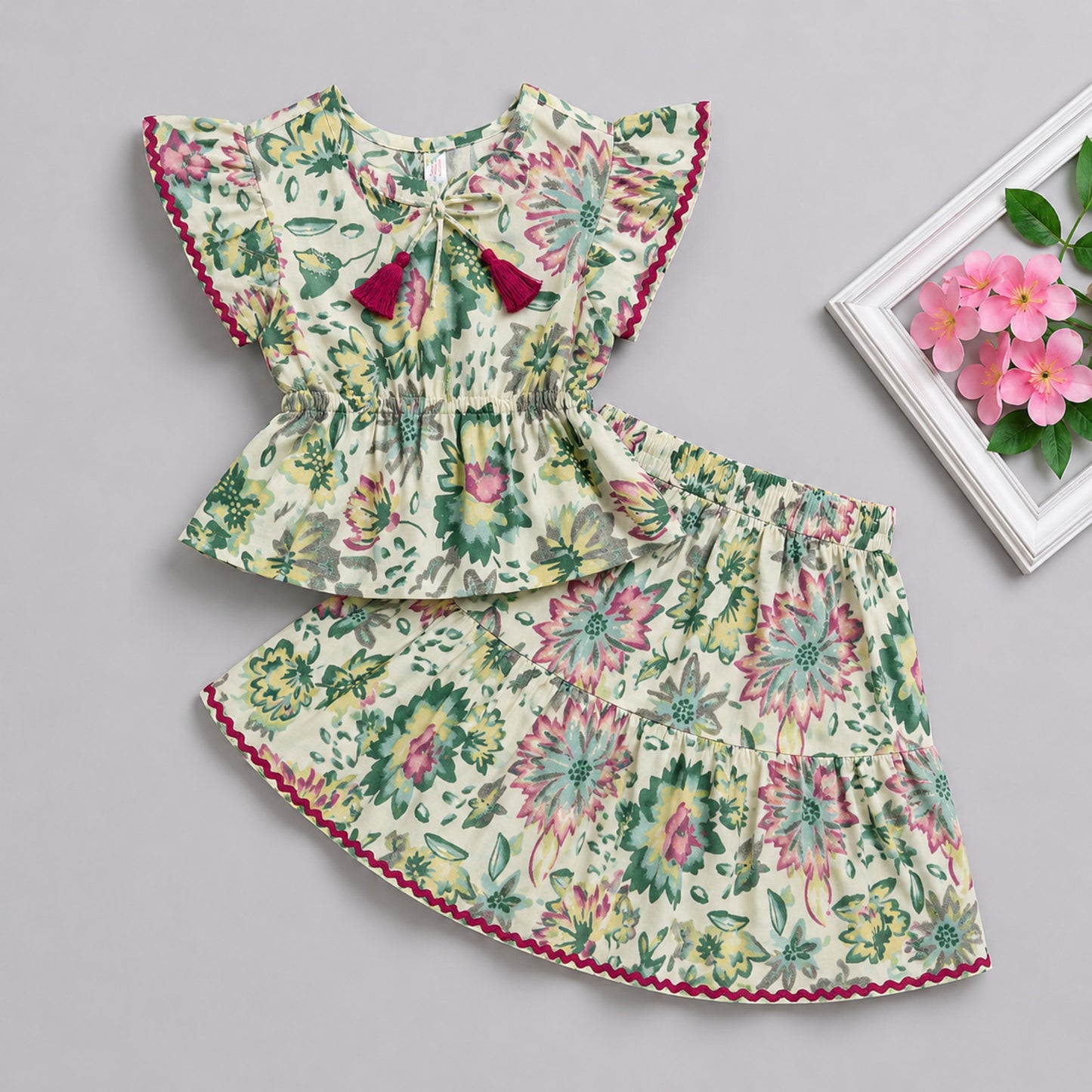 The Magic Wand Cotton Woven Ruffle Sleeves Floral Printed Laced Peplum Top And Skirt Set - Multi Color