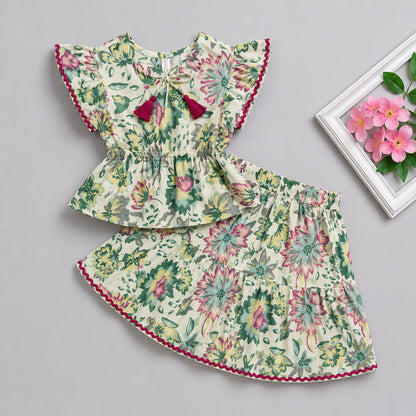 The Magic Wand Cotton Woven Ruffle Sleeves Floral Printed Laced Peplum Top And Skirt Set - Multi Color