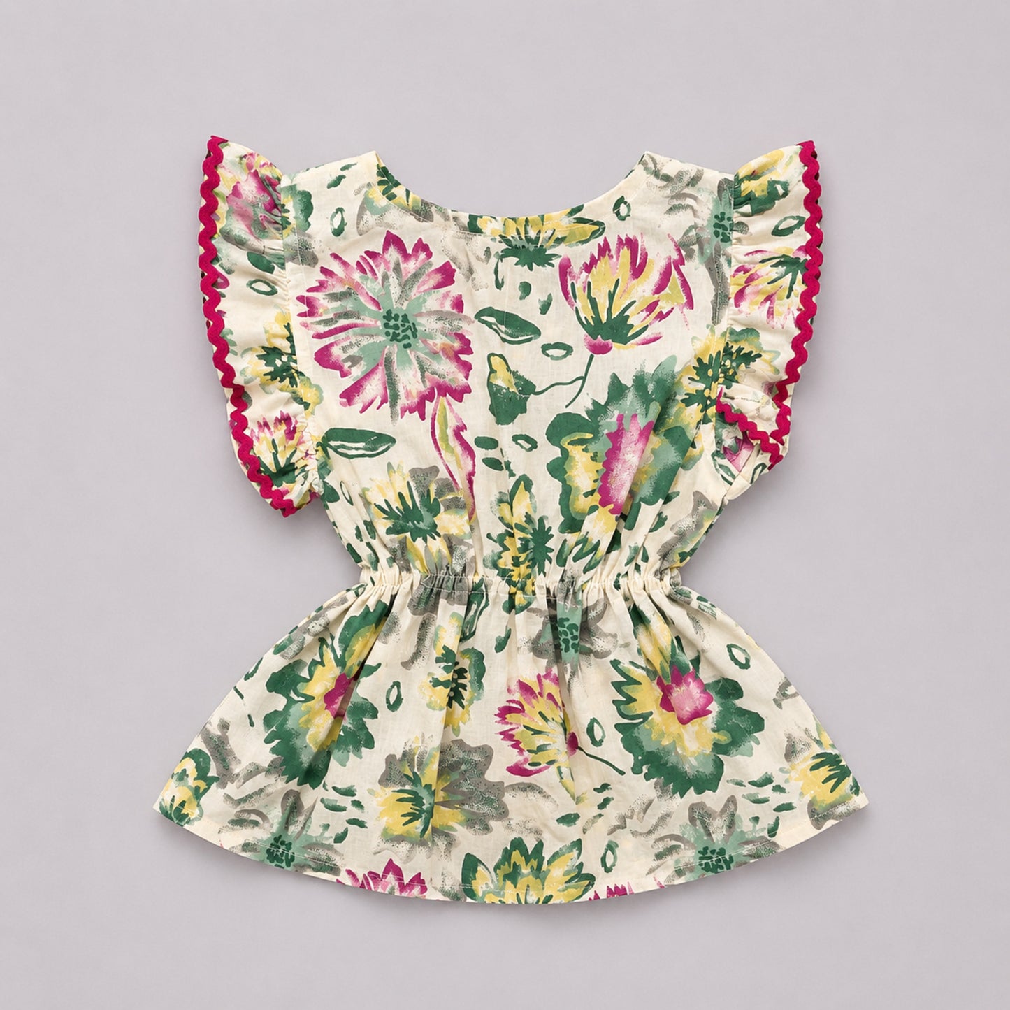 The Magic Wand Cotton Woven Ruffle Sleeves Floral Printed Laced Peplum Top And Skirt Set - Multi Color