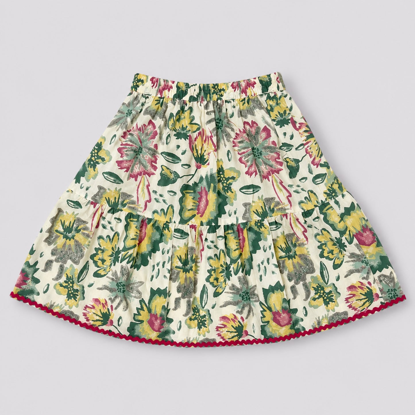 The Magic Wand Cotton Woven Ruffle Sleeves Floral Printed Laced Peplum Top And Skirt Set - Multi Color