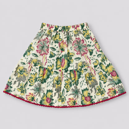 The Magic Wand Cotton Woven Ruffle Sleeves Floral Printed Laced Peplum Top And Skirt Set - Multi Color