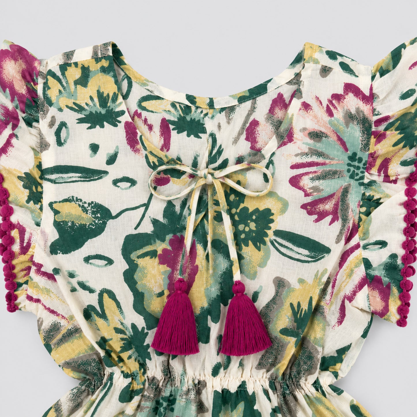 The Magic Wand Cotton Woven Ruffle Sleeves Floral Printed Laced Peplum Top And Skirt Set - Multi Color