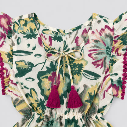 The Magic Wand Cotton Woven Ruffle Sleeves Floral Printed Laced Peplum Top And Skirt Set - Multi Color