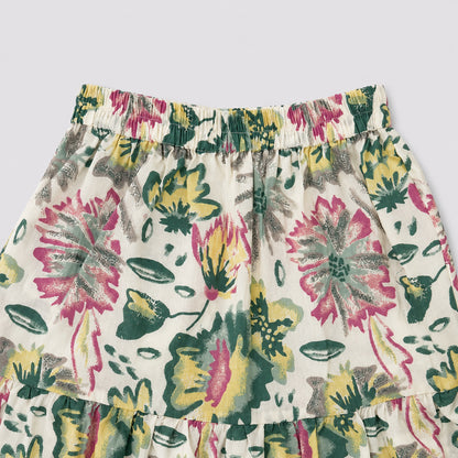 The Magic Wand Cotton Woven Ruffle Sleeves Floral Printed Laced Peplum Top And Skirt Set - Multi Color