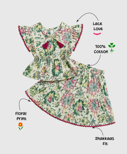 The Magic Wand Cotton Woven Ruffle Sleeves Floral Printed Laced Peplum Top And Skirt Set - Multi Color