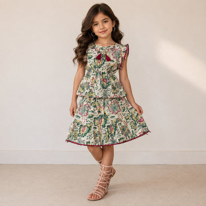 The Magic Wand Cotton Woven Ruffle Sleeves Floral Printed Laced Peplum Top And Skirt Set - Multi Color