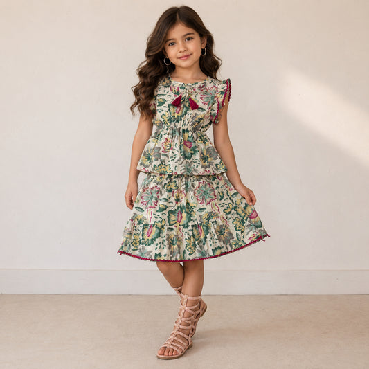 The Magic Wand Cotton Woven Ruffle Sleeves Floral Printed Laced Peplum Top And Skirt Set - Multi Color