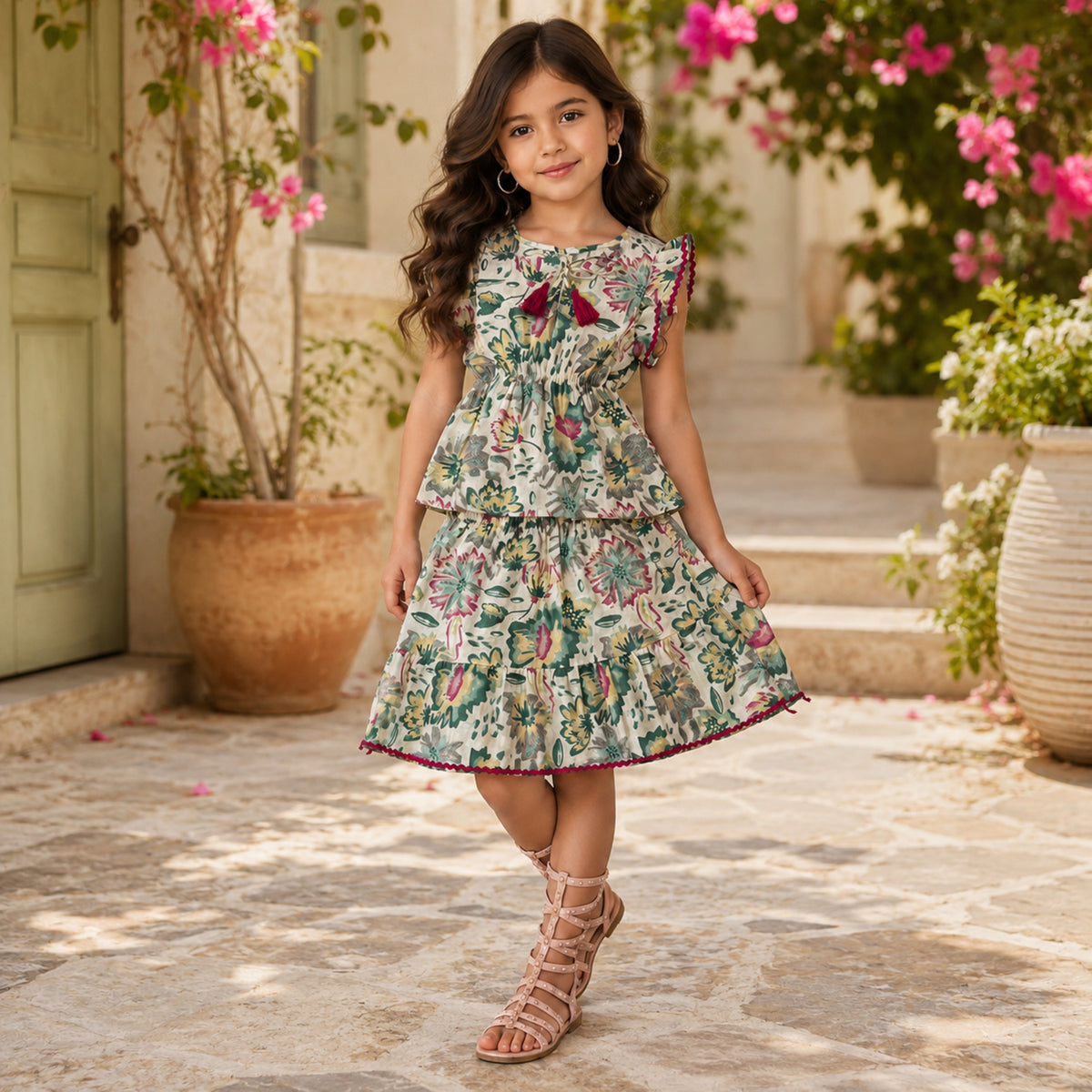 The Magic Wand Cotton Woven Ruffle Sleeves Floral Printed Laced Peplum Top And Skirt Set - Multi Color