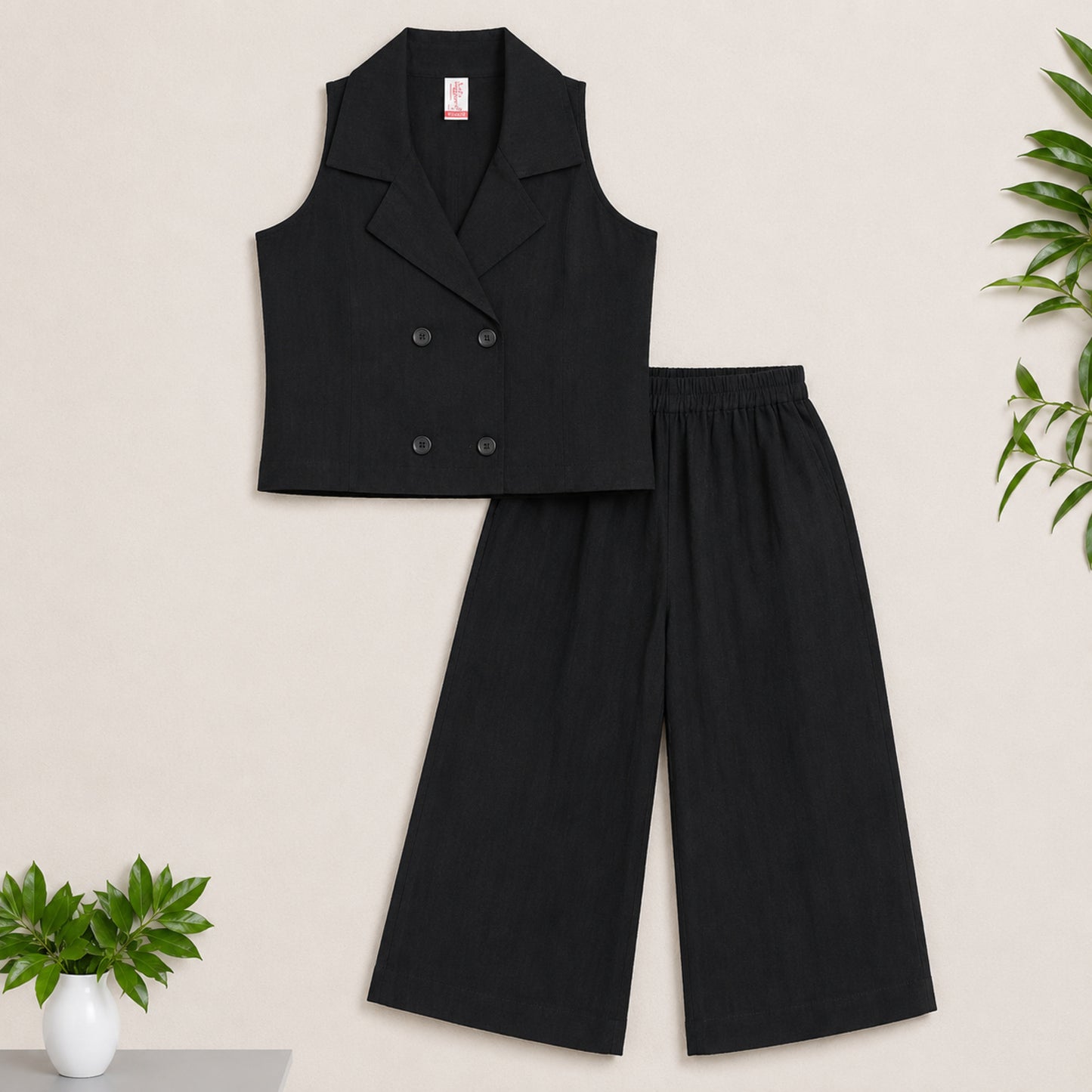 The Magic Wand Cotton Woven Sleeveless Solid Waistcoat Top And Pant Set - Black