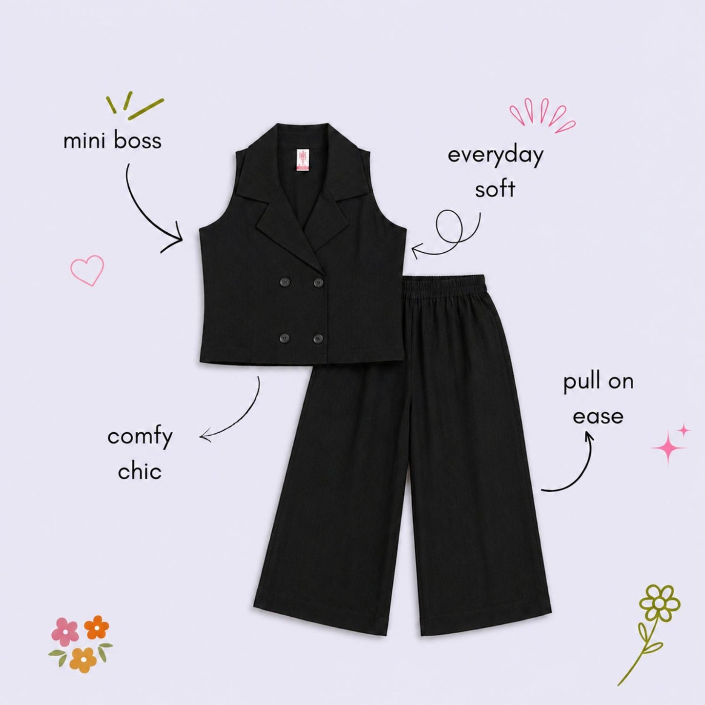 The Magic Wand Cotton Woven Sleeveless Solid Waistcoat Top And Pant Set - Black
