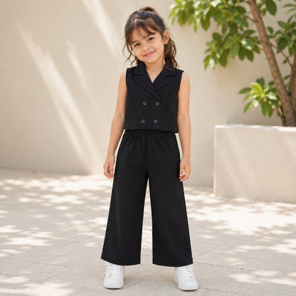 The Magic Wand Cotton Woven Sleeveless Solid Waistcoat Top And Pant Set - Black