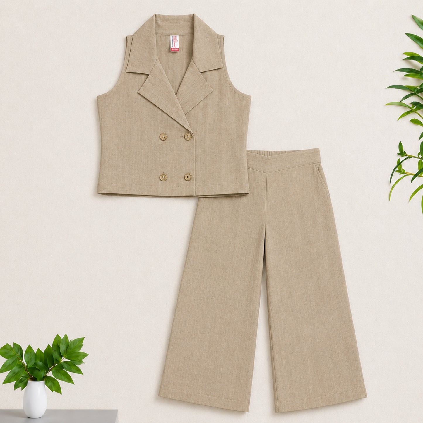 The Magic Wand Cotton Woven Sleeveless Solid Waistcoat Top And Pant Set - Fawn
