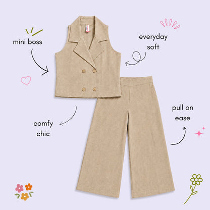 The Magic Wand Cotton Woven Sleeveless Solid Waistcoat Top And Pant Set - Fawn