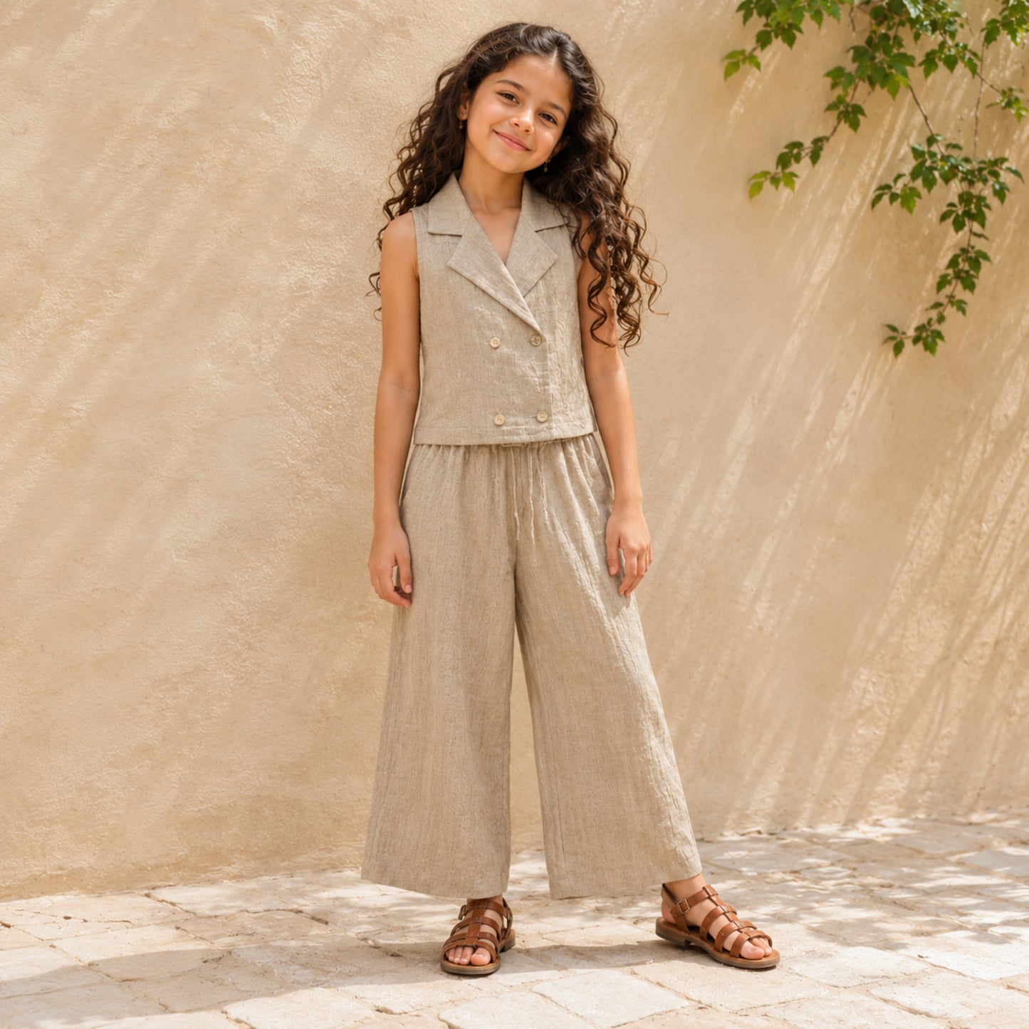 The Magic Wand Cotton Woven Sleeveless Solid Waistcoat Top And Pant Set - Fawn