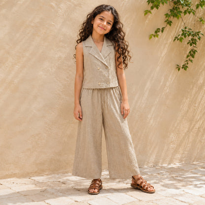 The Magic Wand Cotton Woven Sleeveless Solid Waistcoat Top And Pant Set - Fawn