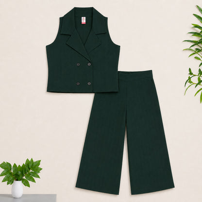 The Magic Wand Cotton Woven Sleeveless Solid Waistcoat Top And Pant Set - Bottle Green