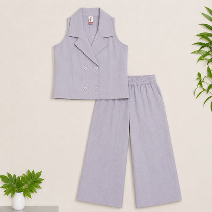 The Magic Wand Cotton Woven Sleeveless Solid Waistcoat Top And Pant Set - Lavender