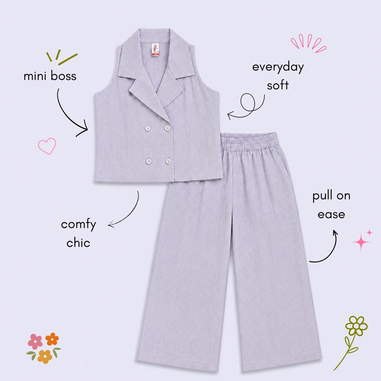 The Magic Wand Cotton Woven Sleeveless Solid Waistcoat Top And Pant Set - Lavender