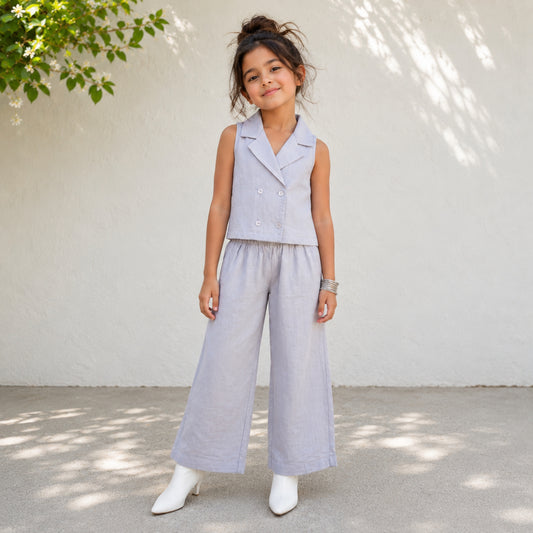The Magic Wand Cotton Woven Sleeveless Solid Waistcoat Top And Pant Set - Lavender