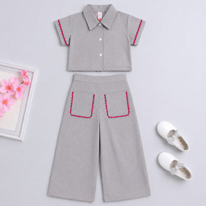 The Magic Wand Cotton Woven Half sleeves Striped Shirt And Pant With Patch Pocket - White