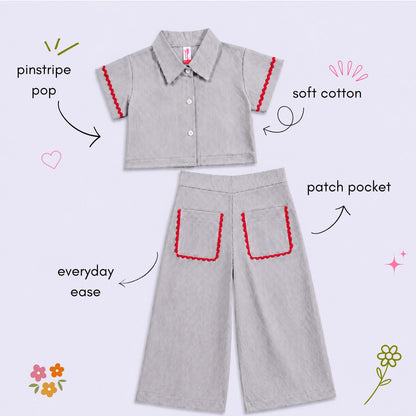 The Magic Wand Cotton Woven Half sleeves Striped Shirt And Pant With Patch Pocket - White