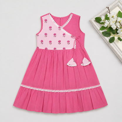The Magic Wand Cambric Cotton Woven Sleeveless Floral Printed Yoke Laced Dress - Pink