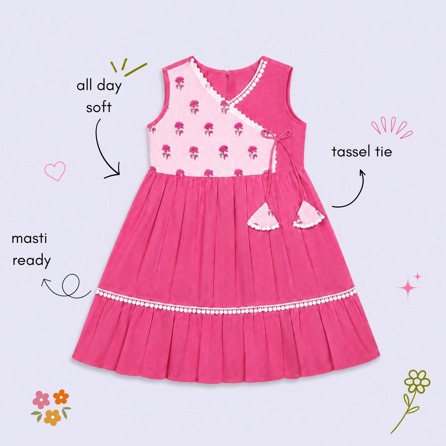 The Magic Wand Cambric Cotton Woven Sleeveless Floral Printed Yoke Laced Dress - Pink