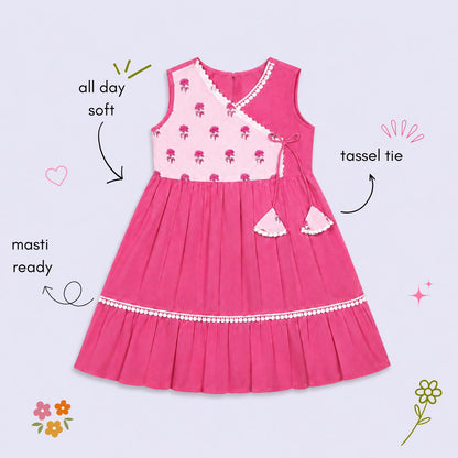 The Magic Wand Cambric Cotton Woven Sleeveless Floral Printed Yoke Laced Dress - Pink