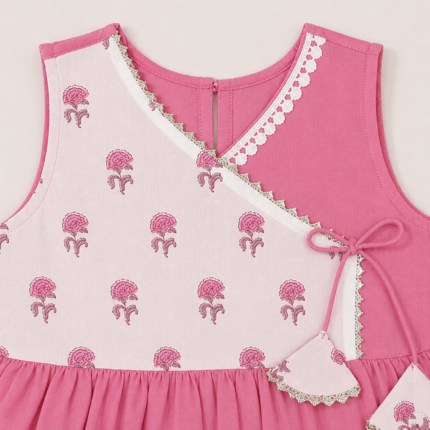 The Magic Wand Cambric Cotton Woven Sleeveless Floral Printed Yoke Laced Dress - Pink