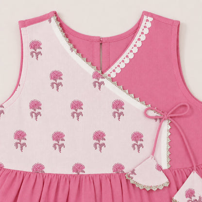 The Magic Wand Cambric Cotton Woven Sleeveless Floral Printed Yoke Laced Dress - Pink