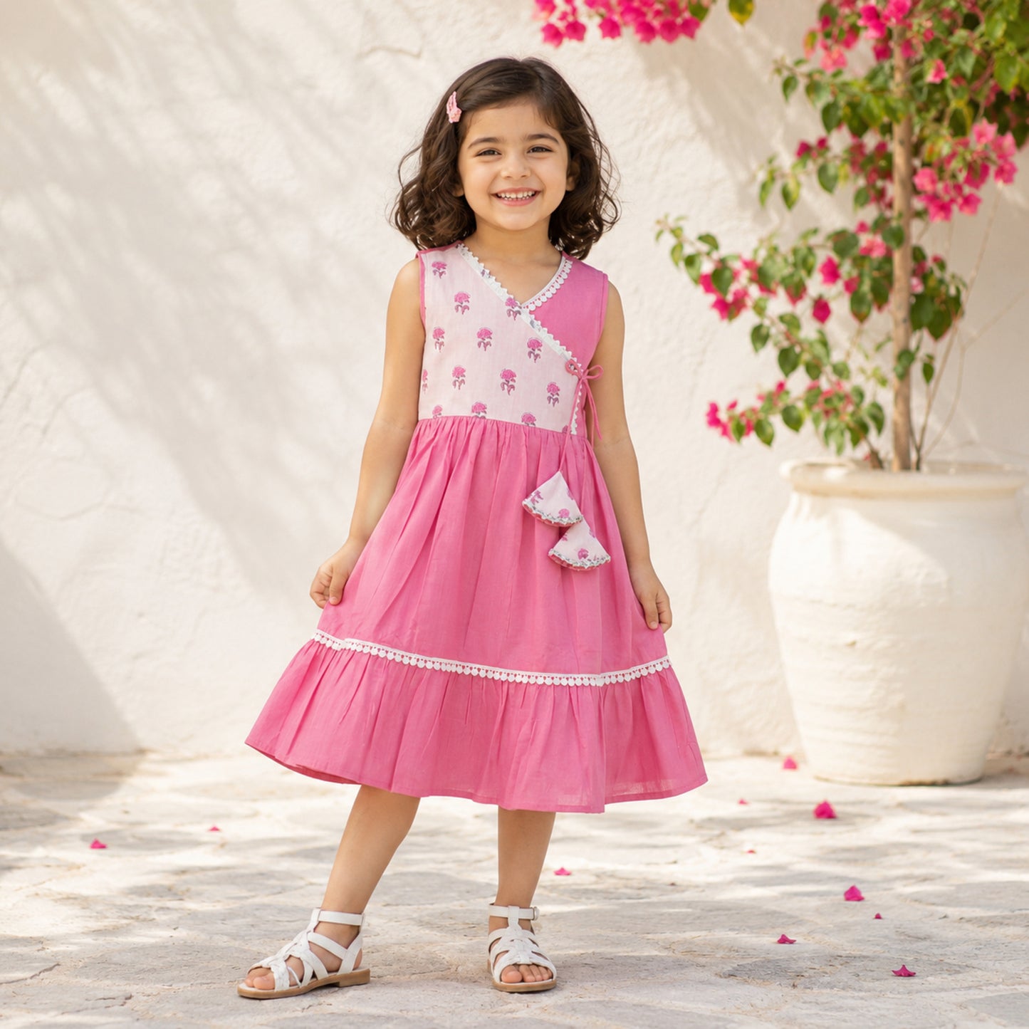 The Magic Wand Cambric Cotton Woven Sleeveless Floral Printed Yoke Laced Dress - Pink