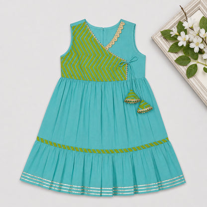 The Magic Wand Cambric Cotton Woven Sleeveless Floral Printed Yoke Laced Dress - Green