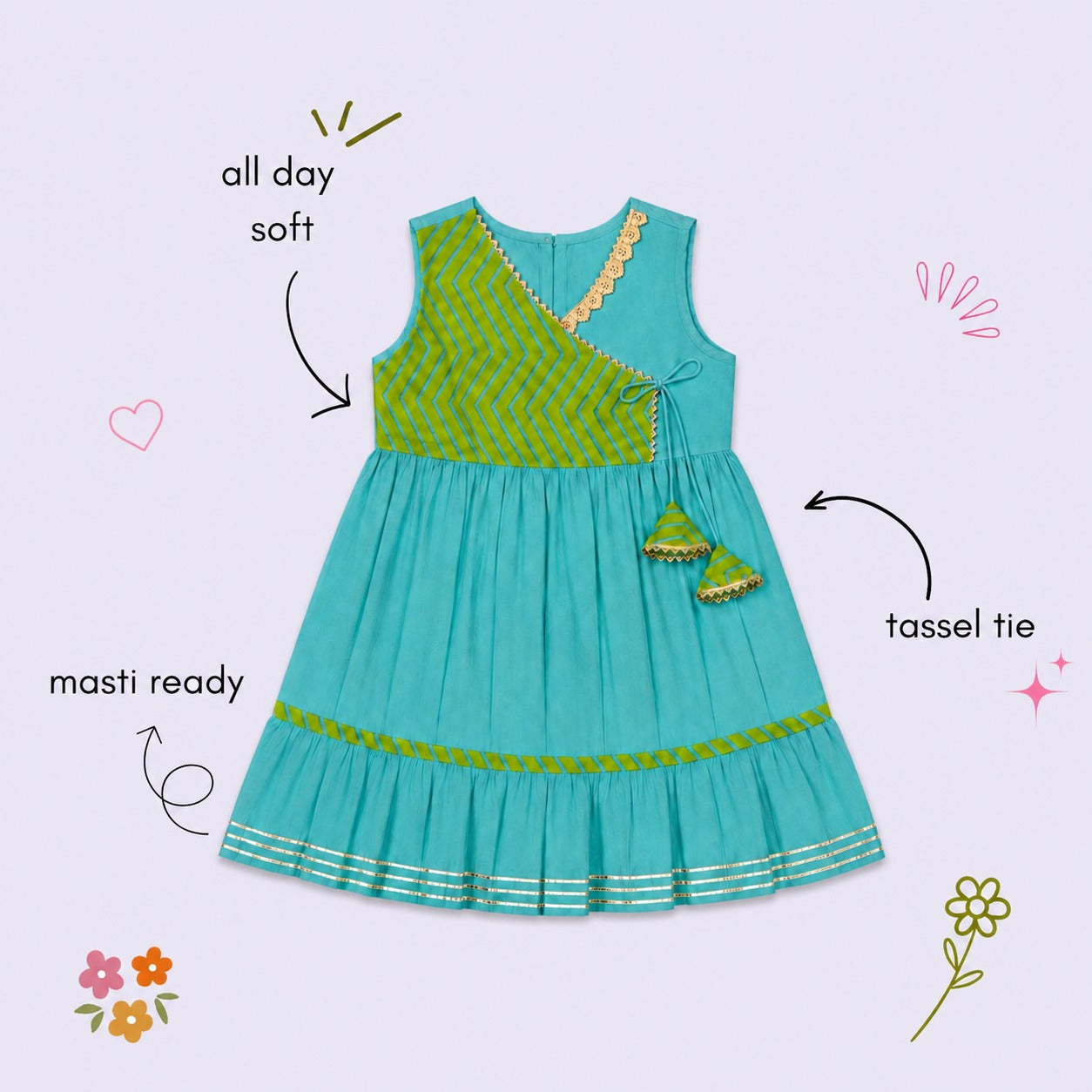 The Magic Wand Cambric Cotton Woven Sleeveless Floral Printed Yoke Laced Dress - Green