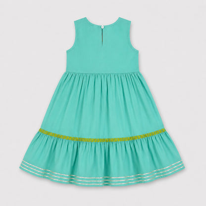 The Magic Wand Cambric Cotton Woven Sleeveless Floral Printed Yoke Laced Dress - Green