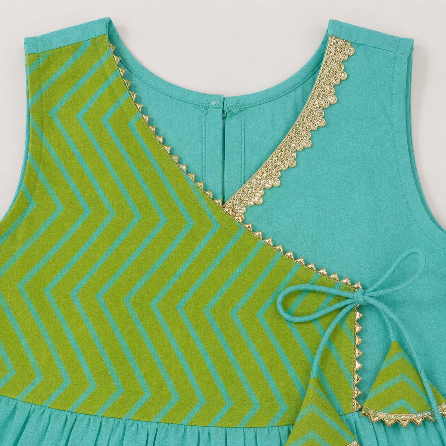 The Magic Wand Cambric Cotton Woven Sleeveless Floral Printed Yoke Laced Dress - Green