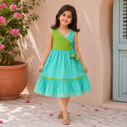 The Magic Wand Cambric Cotton Woven Sleeveless Floral Printed Yoke Laced Dress - Green