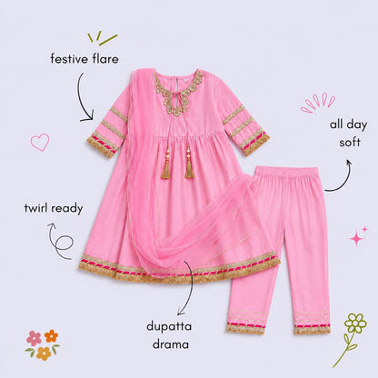 The Magic Wand Woven Three Fourth Sleeves Laced Anarkali Kurti And Pant Set With Dupatta - Pink