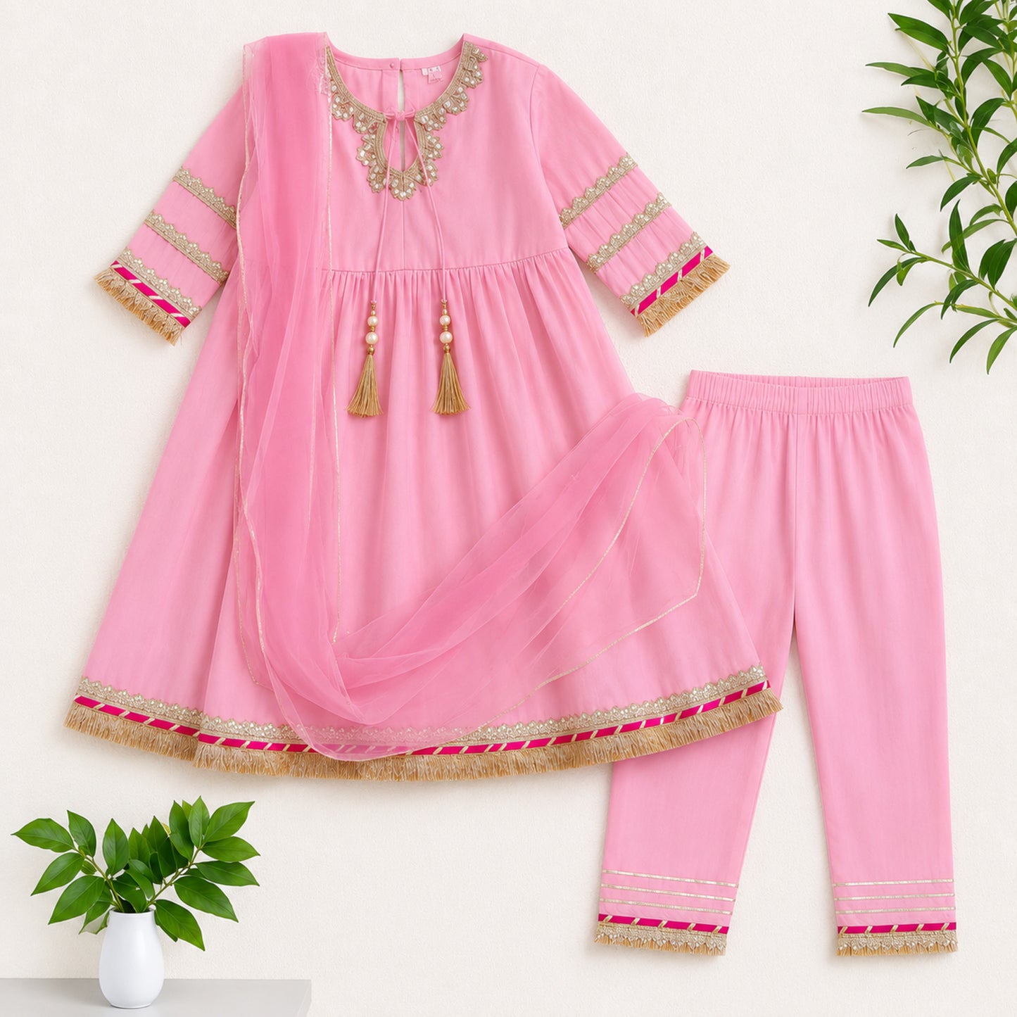 The Magic Wand Woven Three Fourth Sleeves Laced Anarkali Kurti And Pant Set With Dupatta - Pink