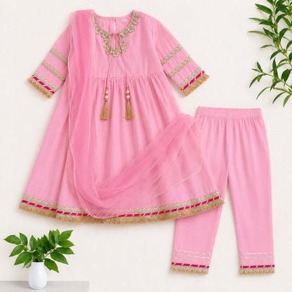 The Magic Wand Woven Three Fourth Sleeves Laced Anarkali Kurti And Pant Set With Dupatta - Pink