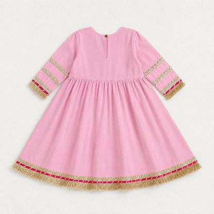 The Magic Wand Woven Three Fourth Sleeves Laced Anarkali Kurti And Pant Set With Dupatta - Pink