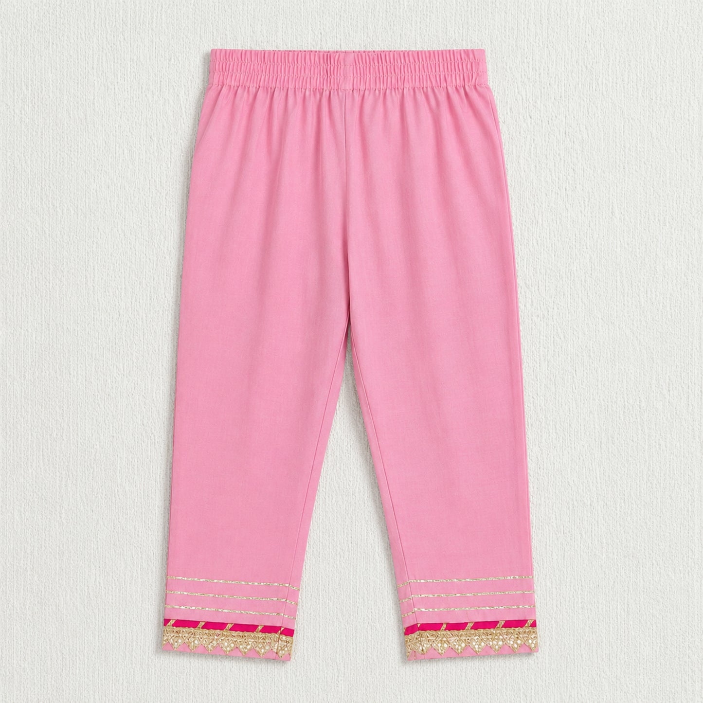 The Magic Wand Woven Three Fourth Sleeves Laced Anarkali Kurti And Pant Set With Dupatta - Pink