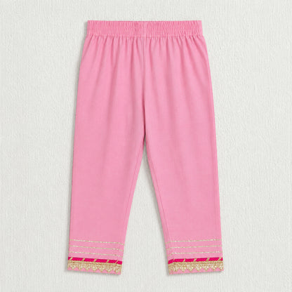 The Magic Wand Woven Three Fourth Sleeves Laced Anarkali Kurti And Pant Set With Dupatta - Pink