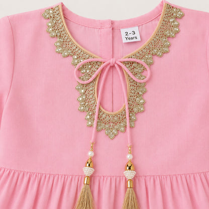 The Magic Wand Woven Three Fourth Sleeves Laced Anarkali Kurti And Pant Set With Dupatta - Pink