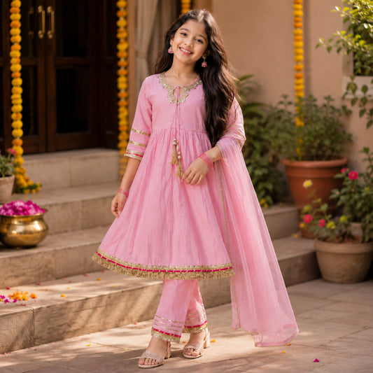 The Magic Wand Woven Three Fourth Sleeves Laced Anarkali Kurti And Pant Set With Dupatta - Pink