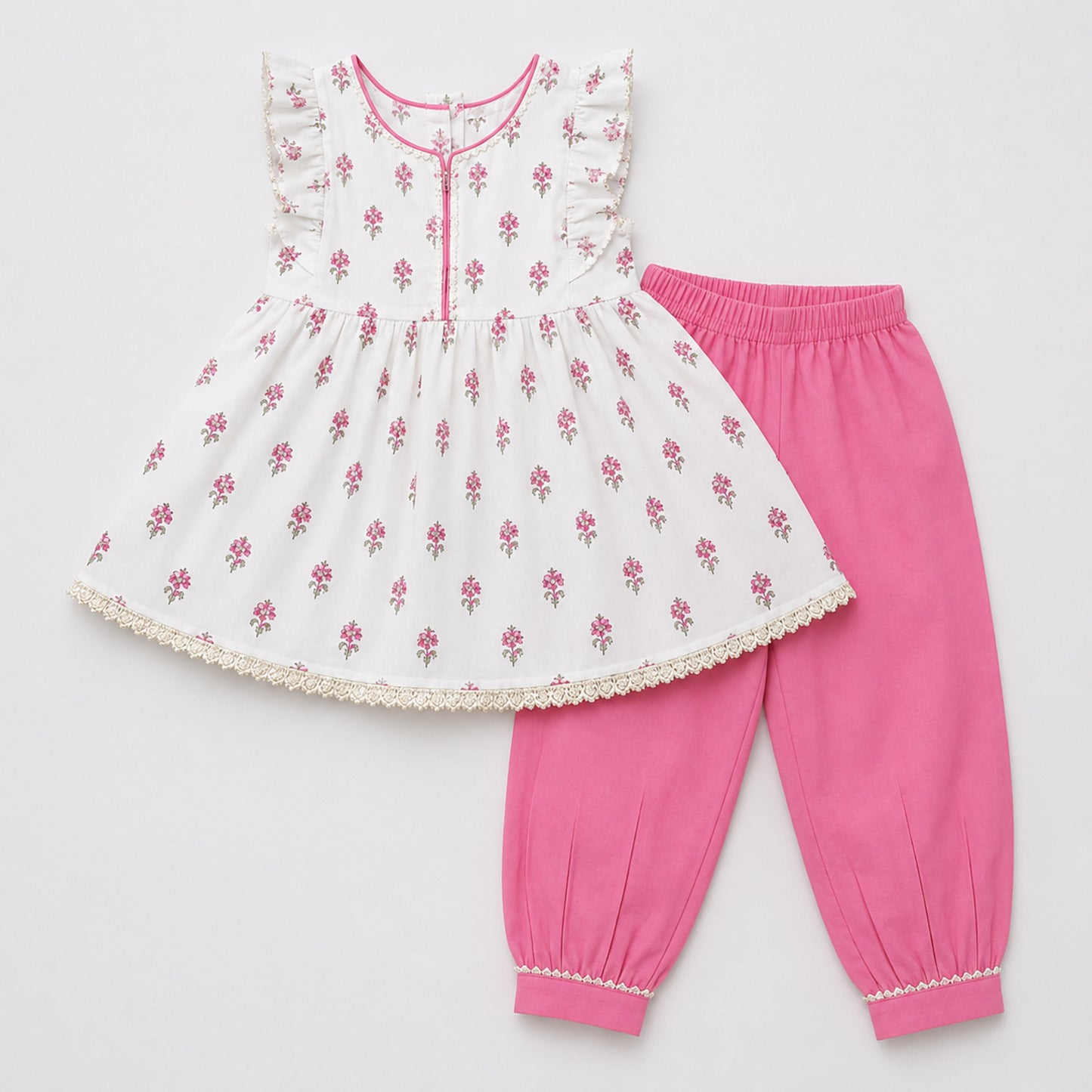 The Magic Wand Cotton Woven Frill Sleeves Floral Printed Top And Pant Set - Pink