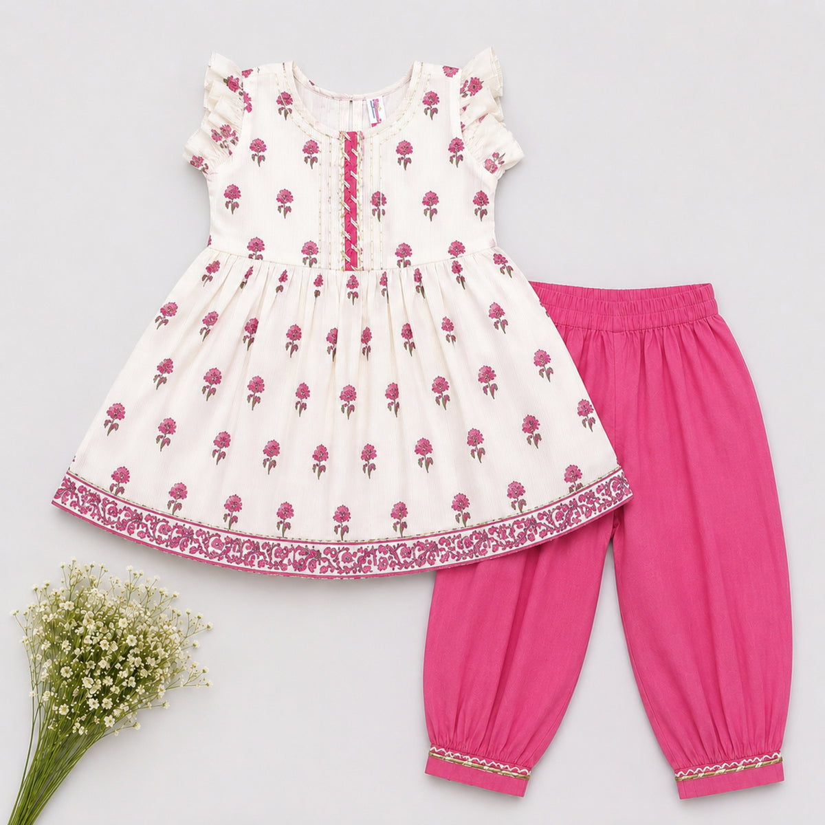 The Magic Wand Cotton Woven Frill Sleeves Floral Printed Top And Pant Set - Pink