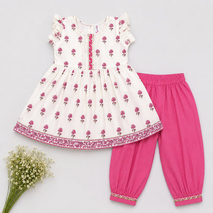 The Magic Wand Cotton Woven Frill Sleeves Floral Printed Top And Pant Set - Pink