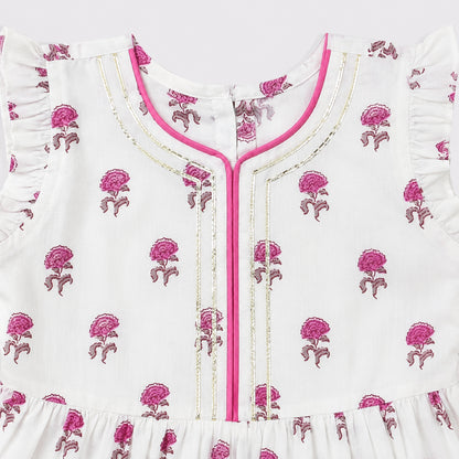 The Magic Wand Cotton Woven Frill Sleeves Floral Printed Top And Pant Set - Pink